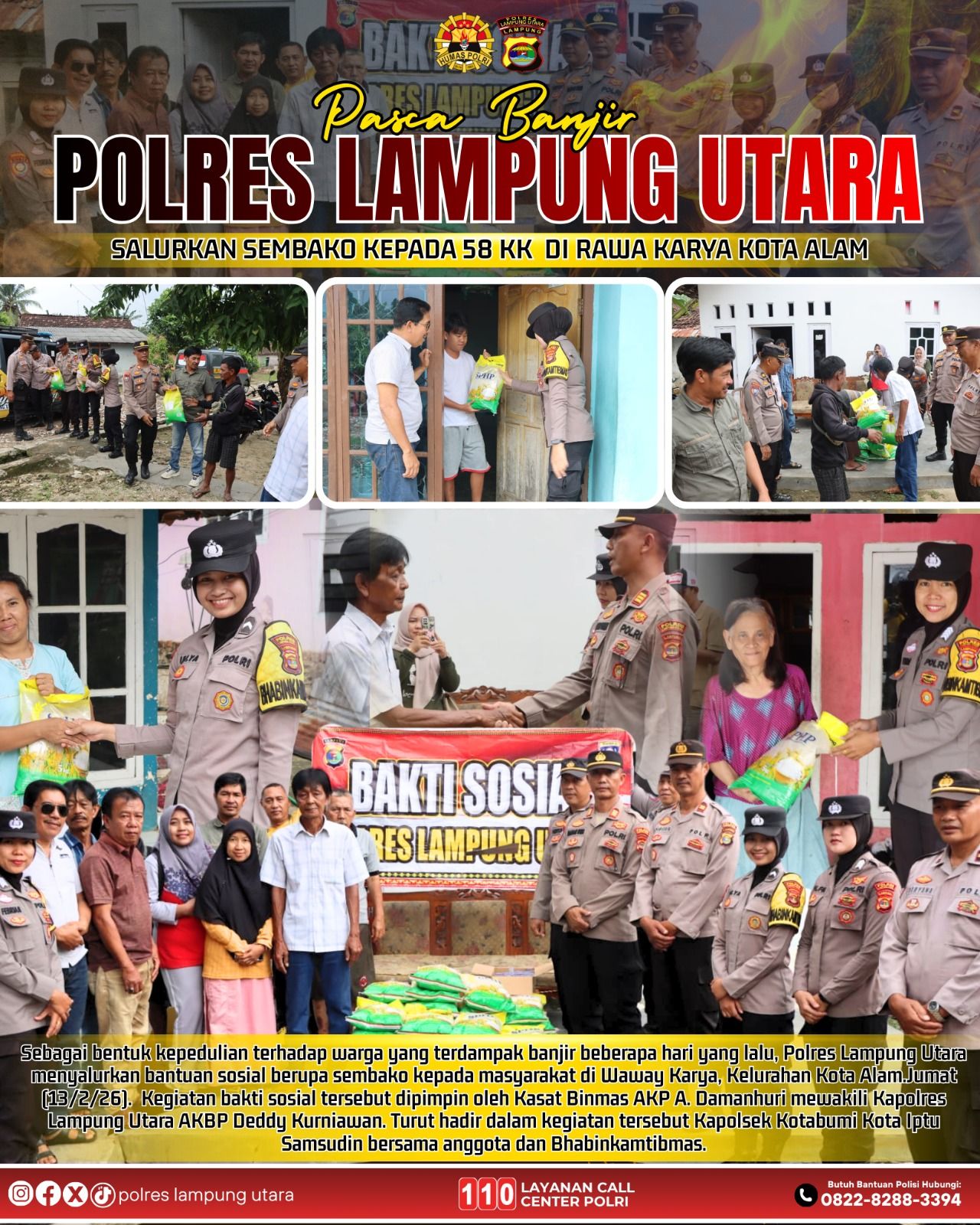 Pasca Banjir, Polres Lampung Utara Salurkan Sembako untuk 58 KK Pasca Banjir di Rawa Karya Kota Alam