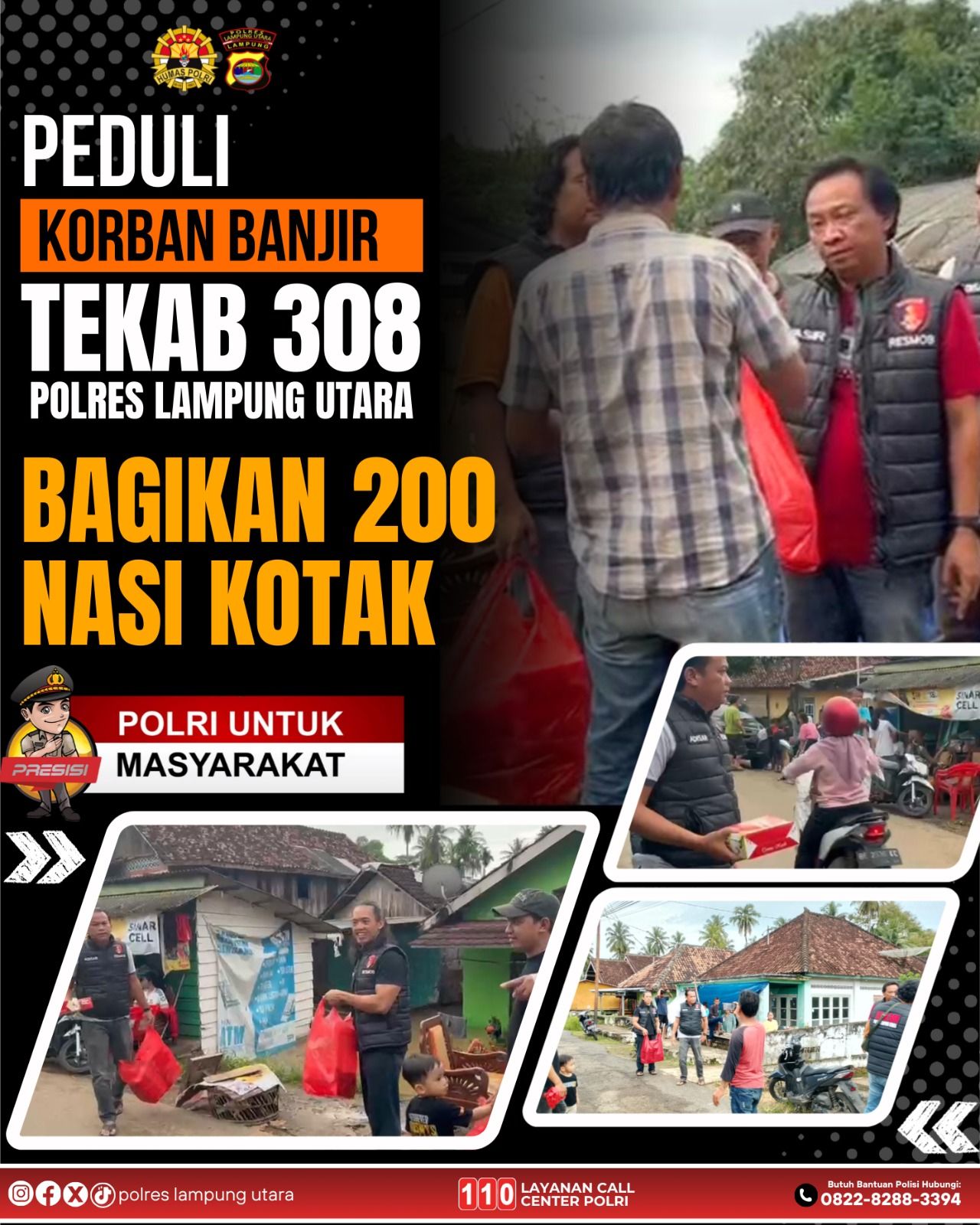 Peduli Korban Banjir, Tekab 308 Presisi Polres Lampung Utara Bagikan 200 Nasi Kotak