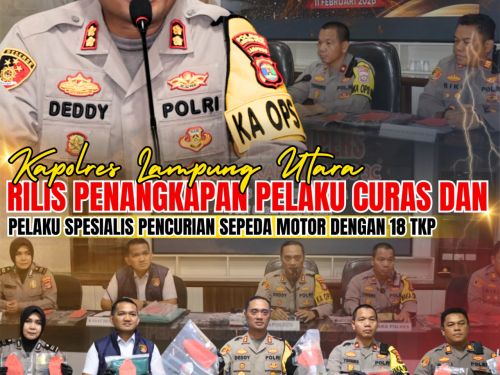 Ungkap Kasus 3C, Polres Lampung Utara Ringkus Pelaku Curas dan Pelaku Spesialis Pencurian Sepeda Motor Bersenjata Api