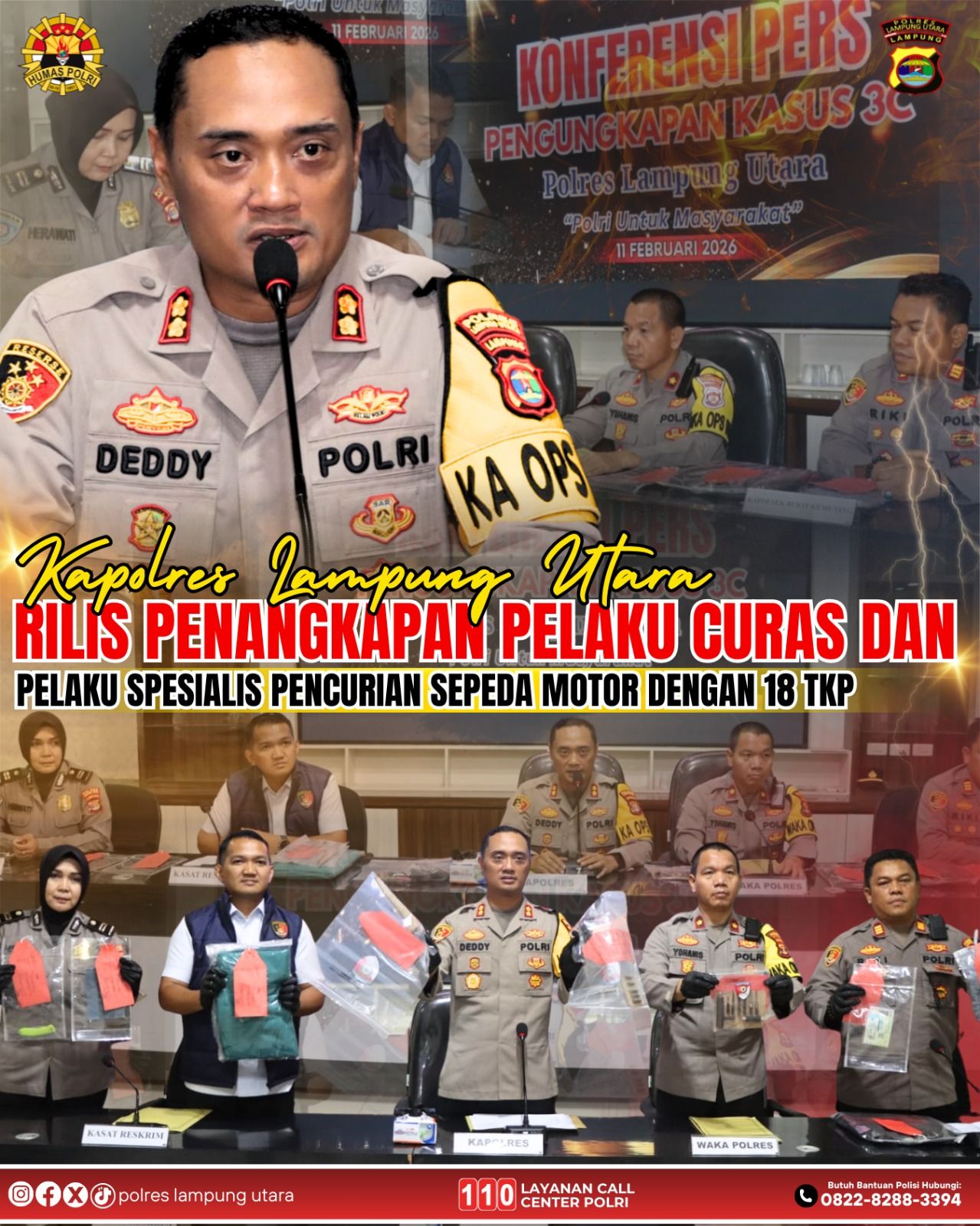 Ungkap Kasus 3C, Polres Lampung Utara Ringkus Pelaku Curas dan Pelaku Spesialis Pencurian Sepeda Motor Bersenjata Api
