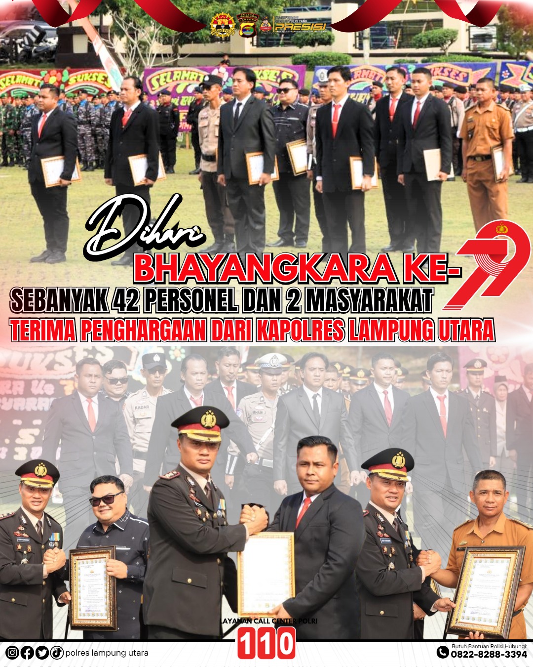 Hari Bhayangkara Ke-79, Sebanyak 72 Personel dan 2 Masyarakat Terima Penghargaan Dari Kapolres Lampung Utara