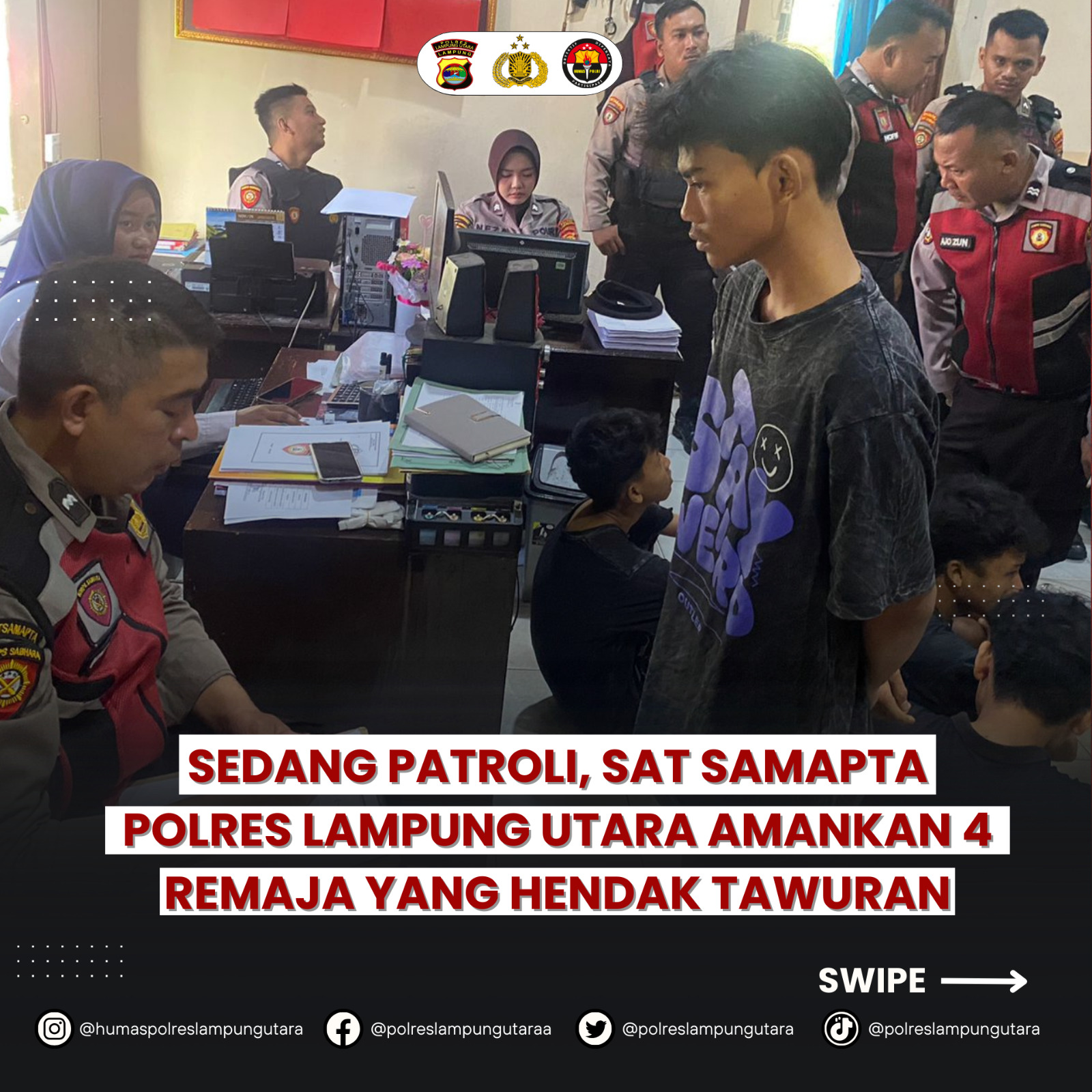 Sedang Patroli, Personel Sat Samapta Polres Lampung Utara Aman Empat Remaja Yang Hendak Tauran